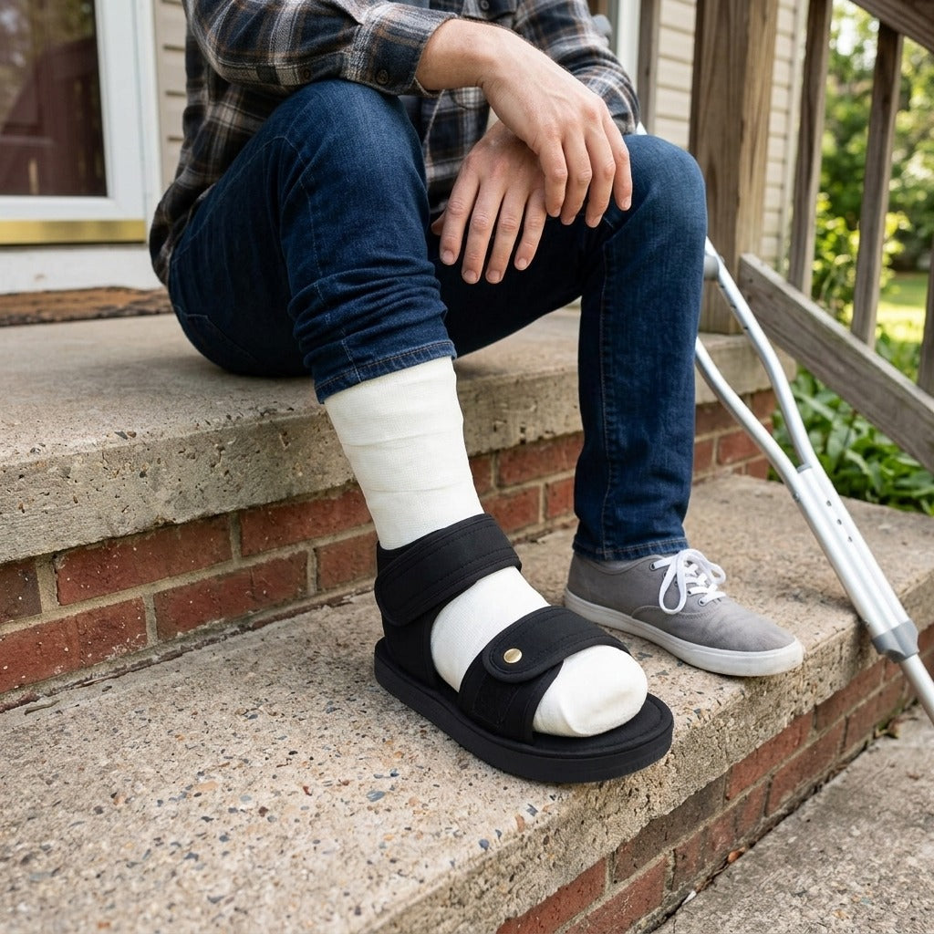 Adjustable Open-Toe Cast Shoe for Foot Injuries - in use