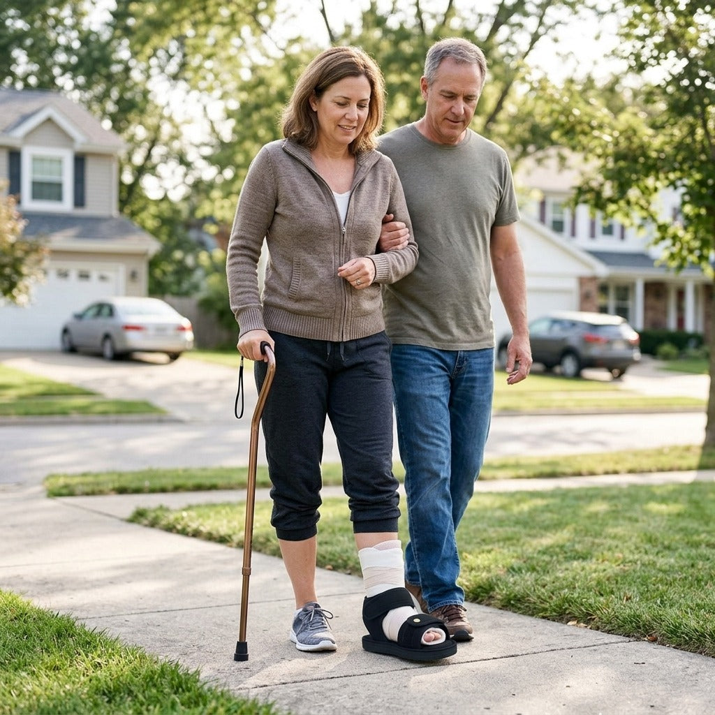 Adjustable Open-Toe Cast Shoe for Foot Injuries - in everyday life