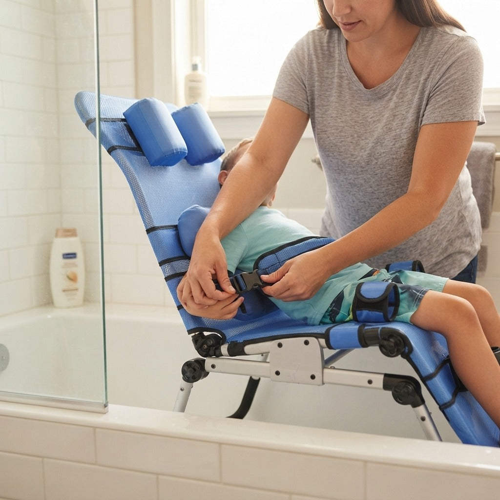 Adjustable Pediatric Bath and Shower Chair - in use