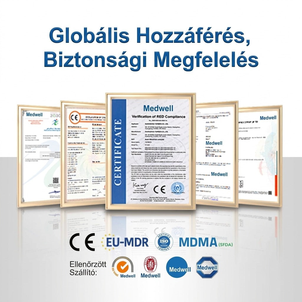 Tanúsítványok és minősítési logók a biztonsági megfelelés igazolására.