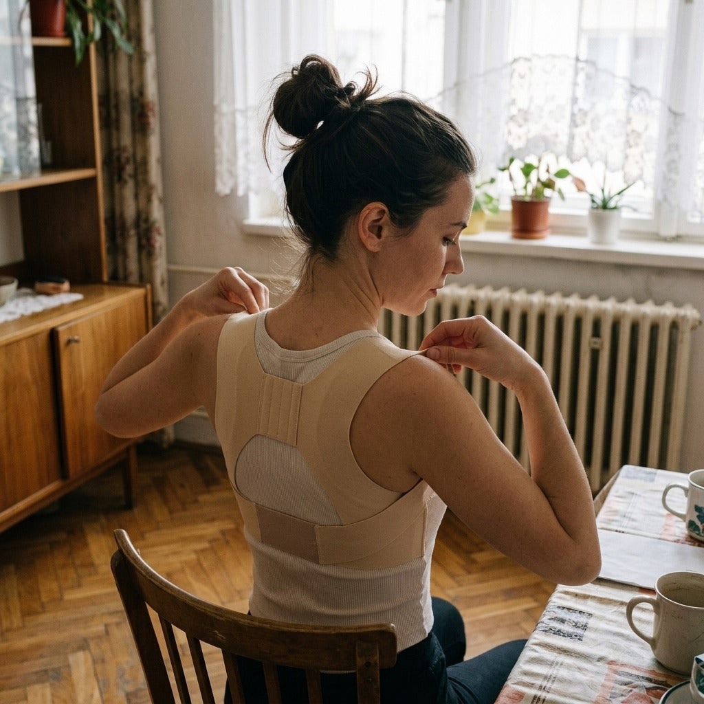 Állítható női tartásjavító hátpánt, nylon és spandex - használat közben