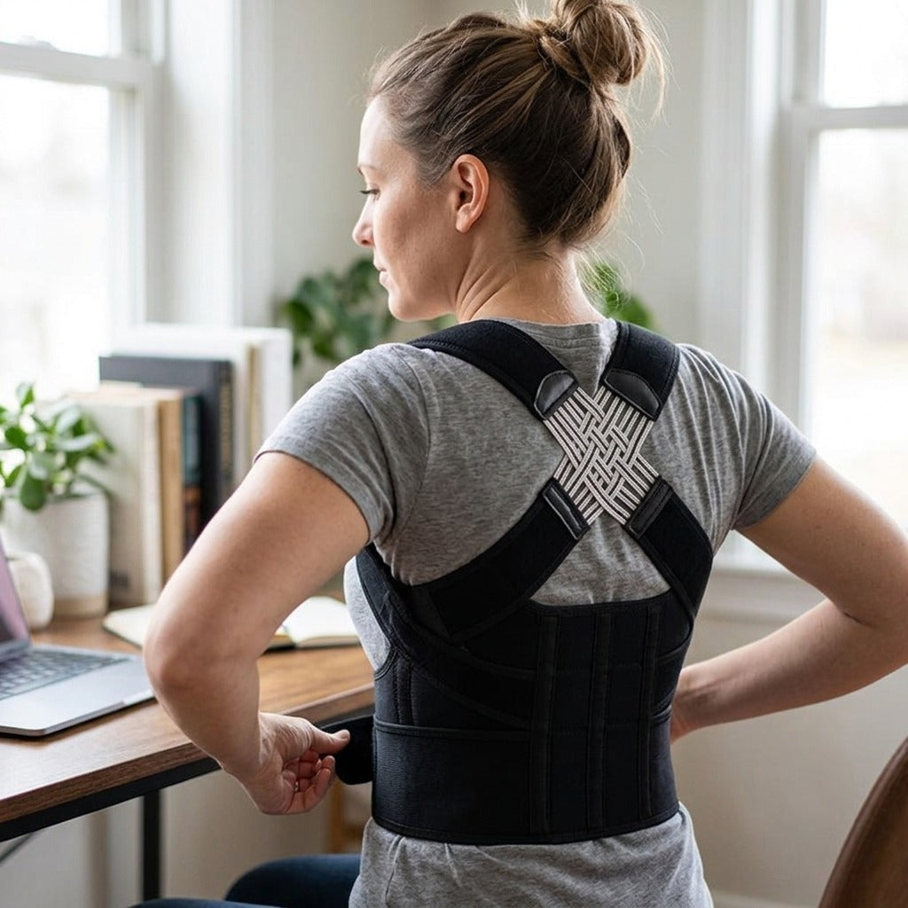 Adjustable Posture Corrector with Shoulder Support - in use