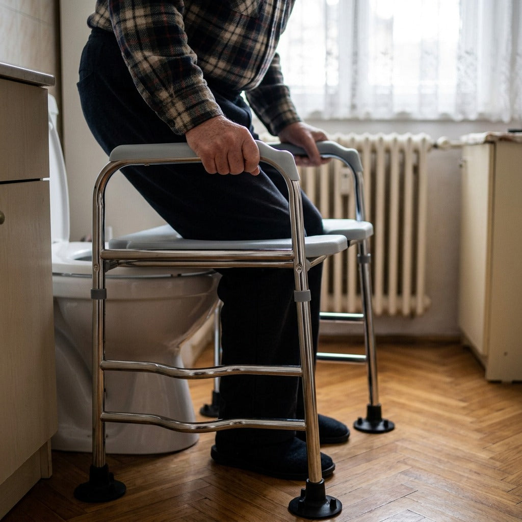 Állítható WC-magasító karfával - használat közben