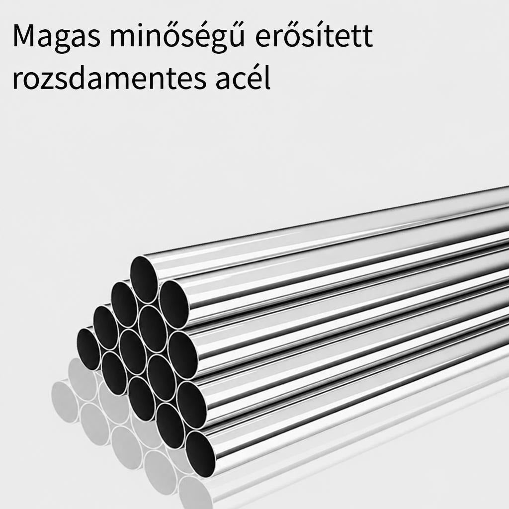 Egymásra halmozott fényes, erősített rozsdamentes acélcsövek.
