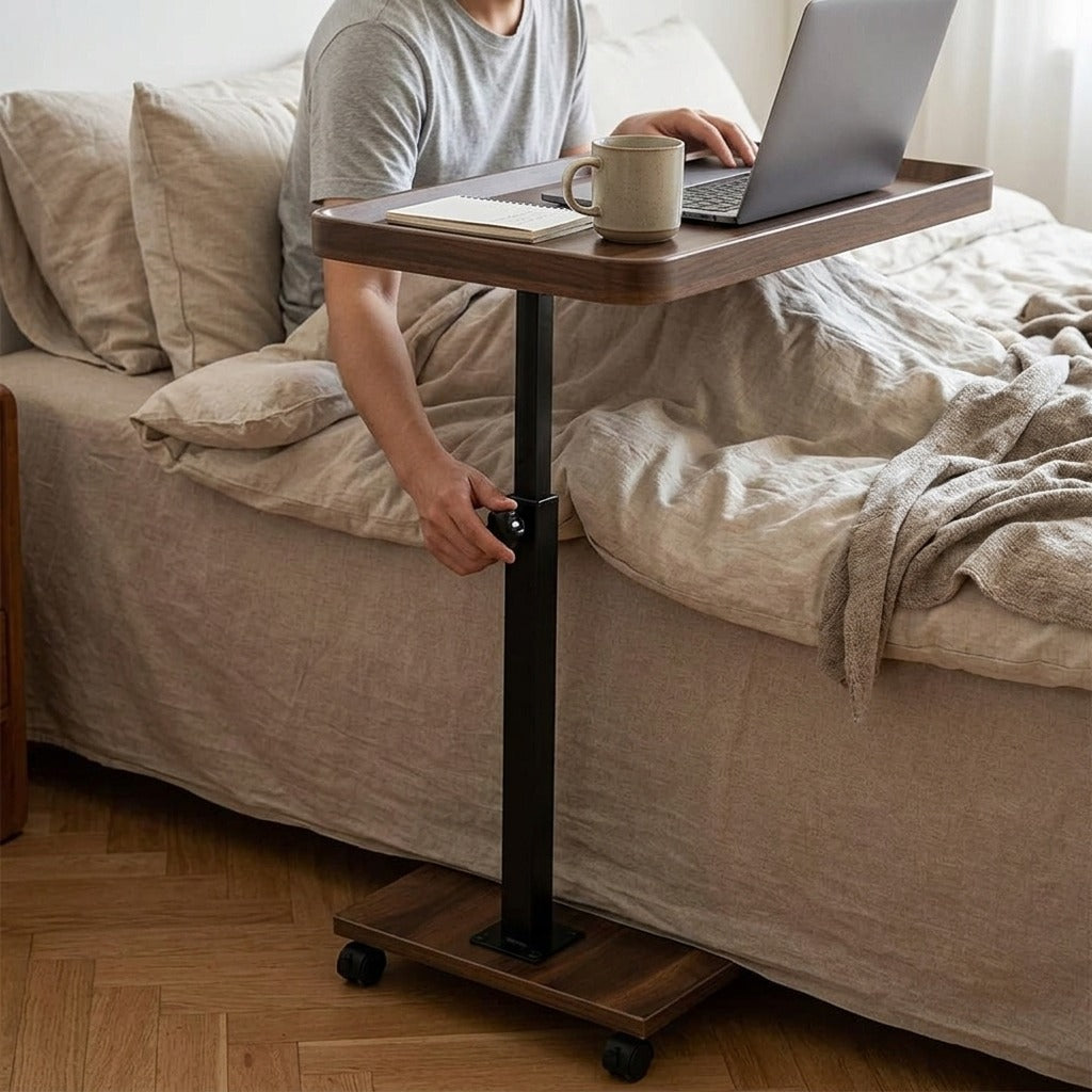 Adjustable Rolling Overbed Table with Rotating Tray - in use