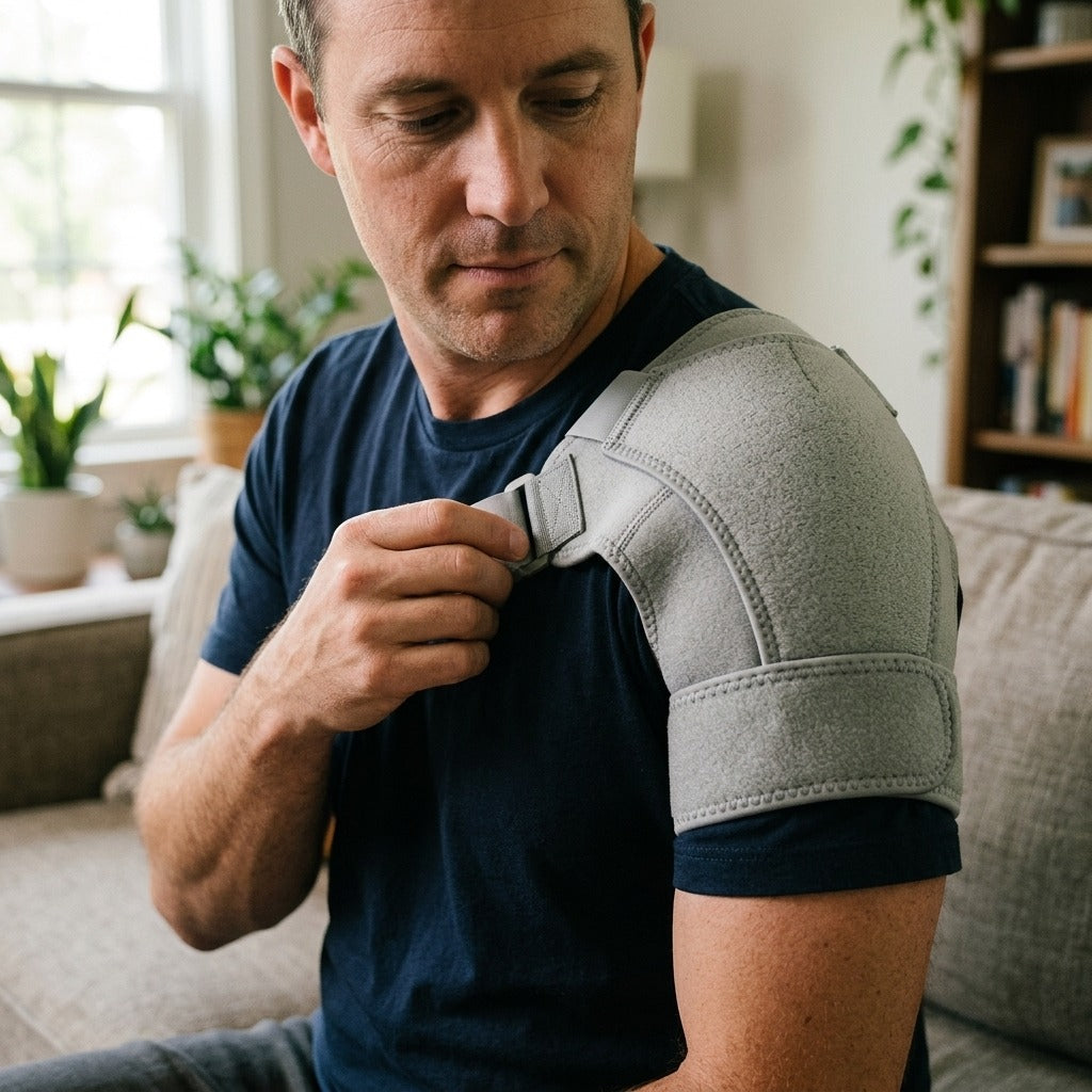 Adjustable Shoulder Brace with Compression Support - in use