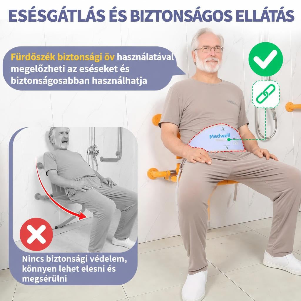 Idős férfi fürdőszéken biztonsági övvel és öv nélkül.