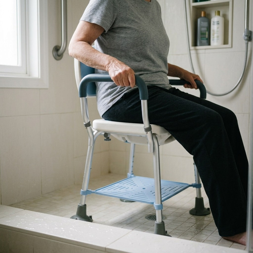 Adjustable Shower Chair with Backrest and Armrests - in use