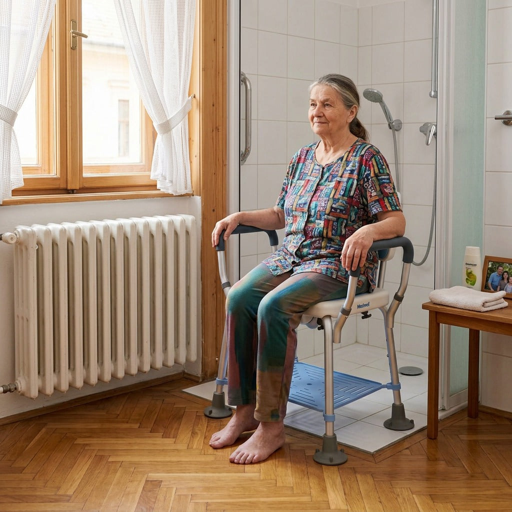 Állítható zuhanyszék háttámlával és karfával - otthon