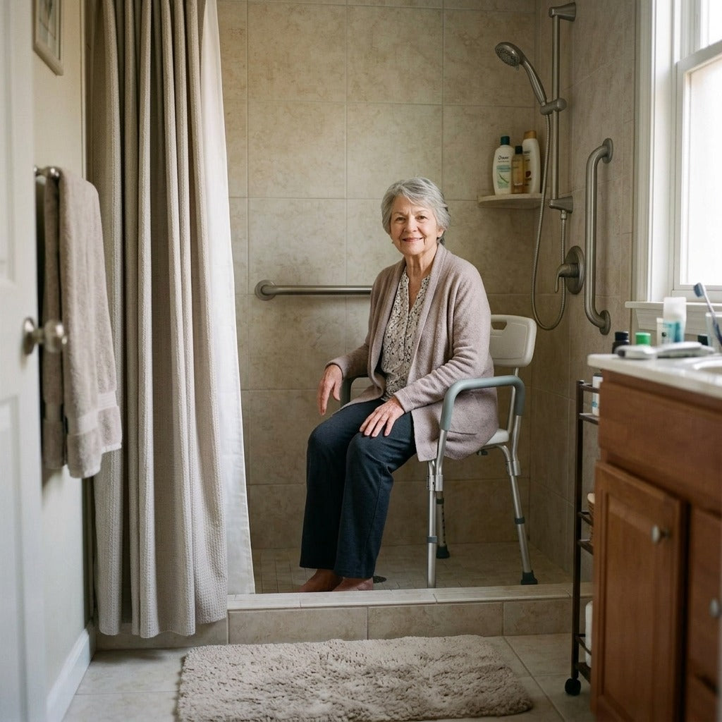 Adjustable Shower Chair with Padded Armrests - at home