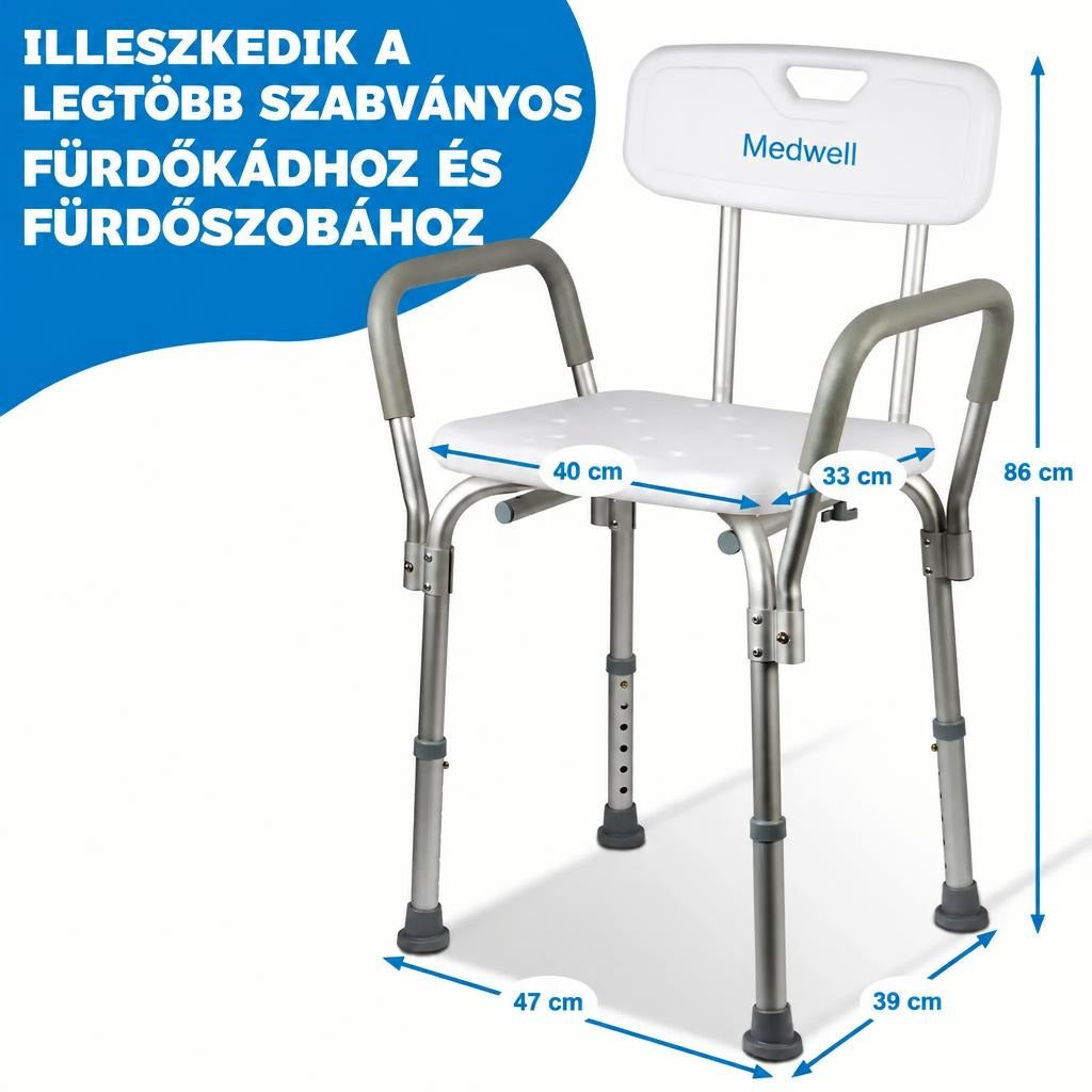 Medwell fürdőszobai ülőke karfával és háttámlával, feltüntetett méretekkel.