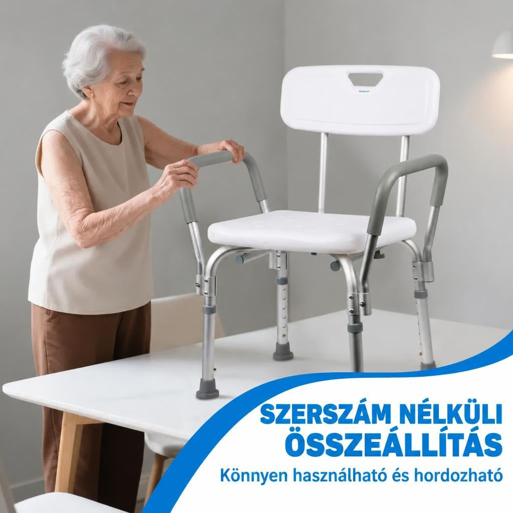 Idős hölgy szerszám nélkül összeszerelhető zuhanyszéket állít össze az asztalon.