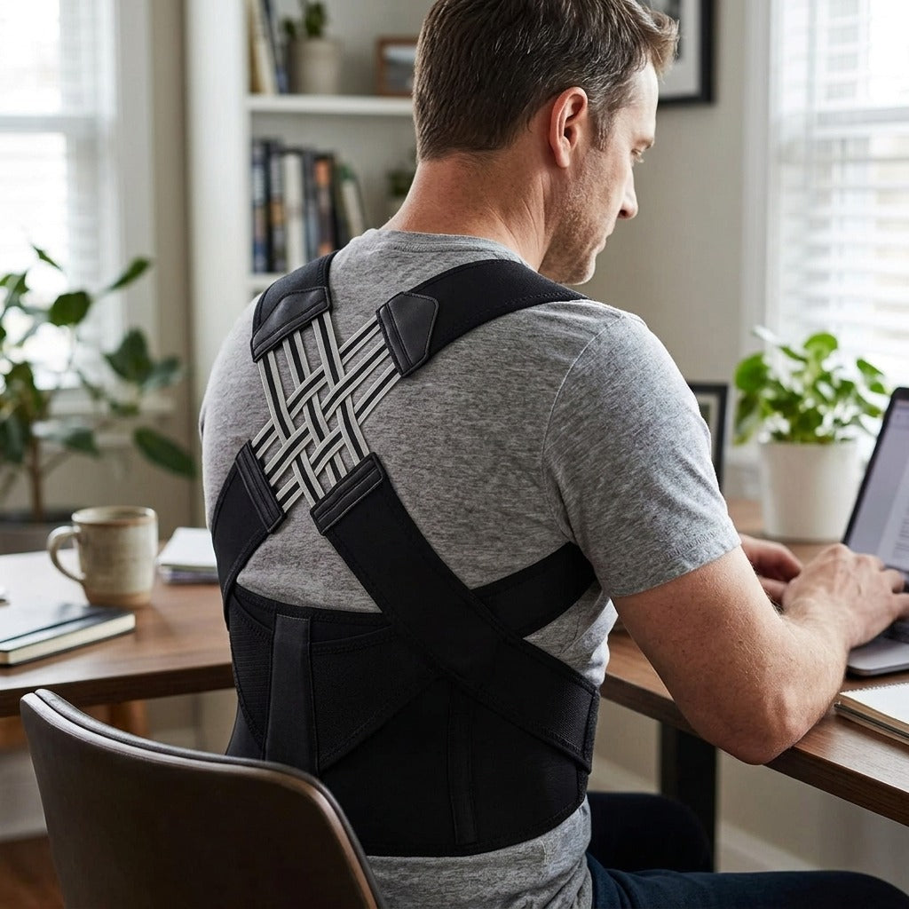 Adjustable Upper-Back Posture Support Belt - in use