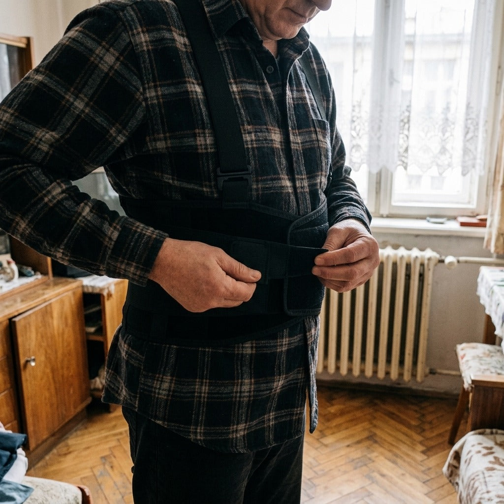 Állítható deréktámasztó öv vállpántokkal - használat közben