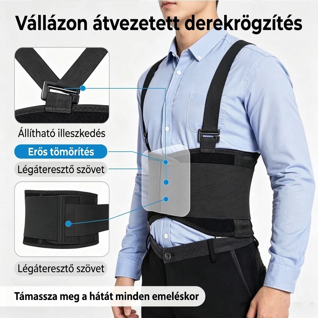 Vállázon átvezetett derekrögzítés, erős tömörítés, támassza a hátát.