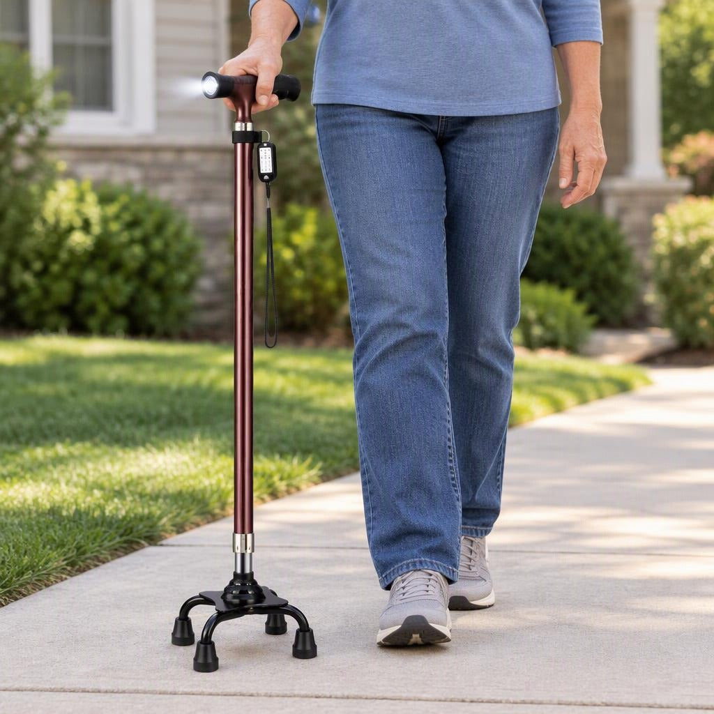 Adjustable Walking Cane with LED Light and Four-Foot Base - in use