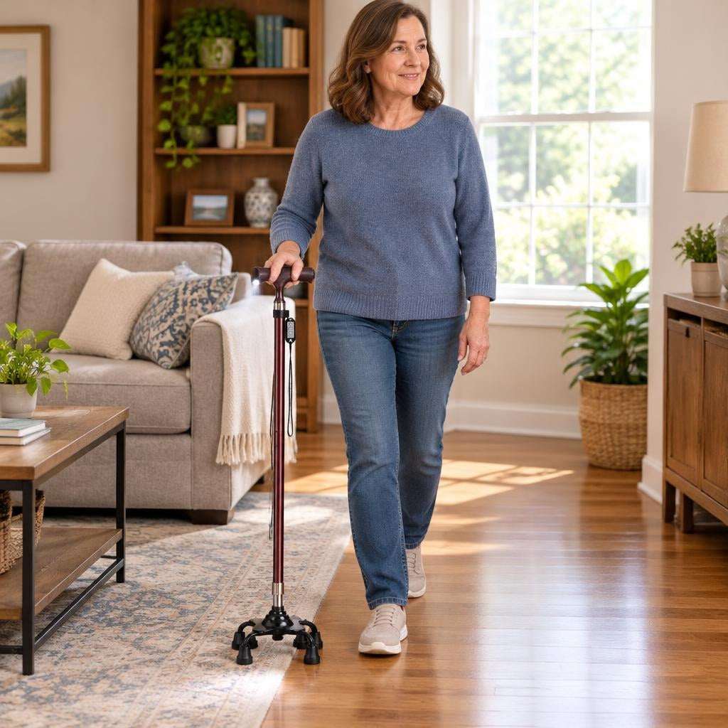 Adjustable Walking Cane with LED Light and Four-Foot Base - at home