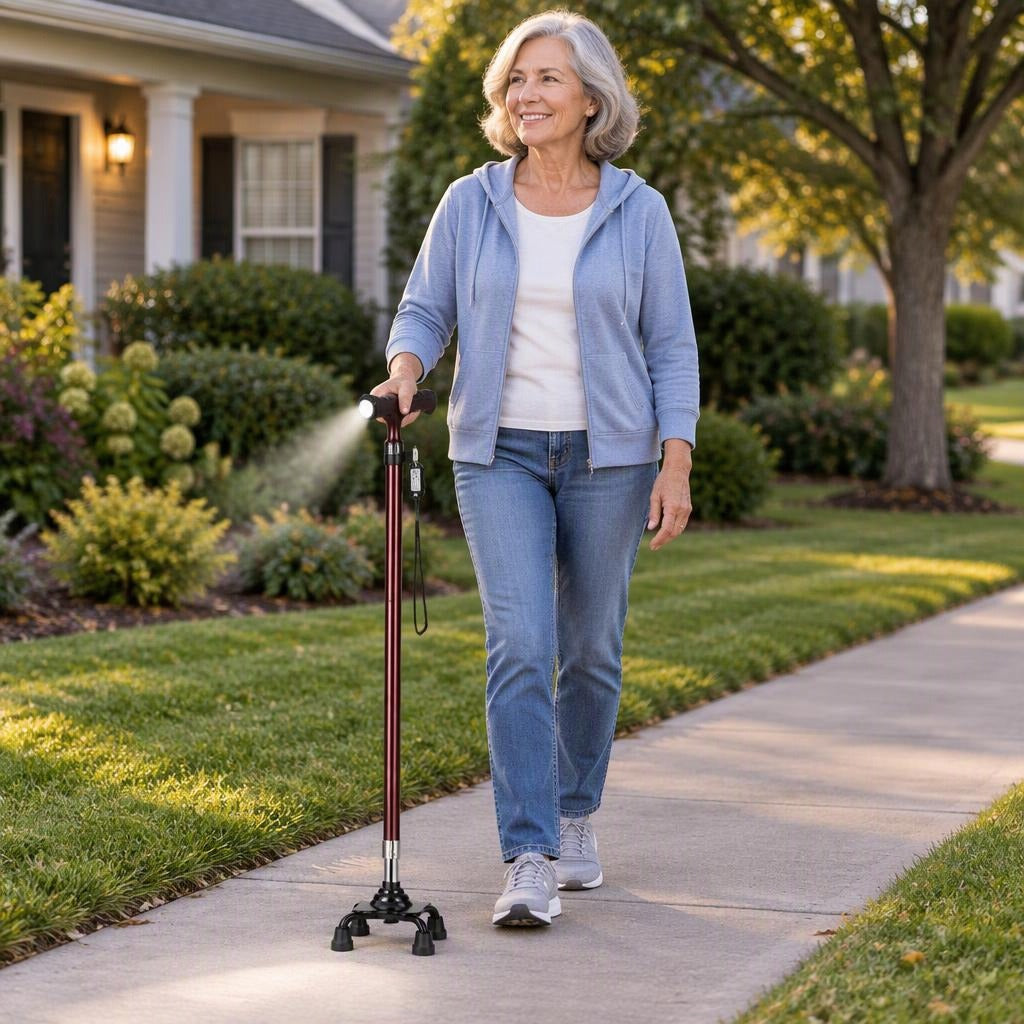 Adjustable Walking Cane with LED Light and Four-Foot Base - in everyday life