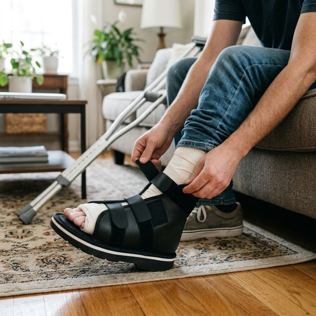 Adjustable Walking Cast Shoe for Broken Foot - in use