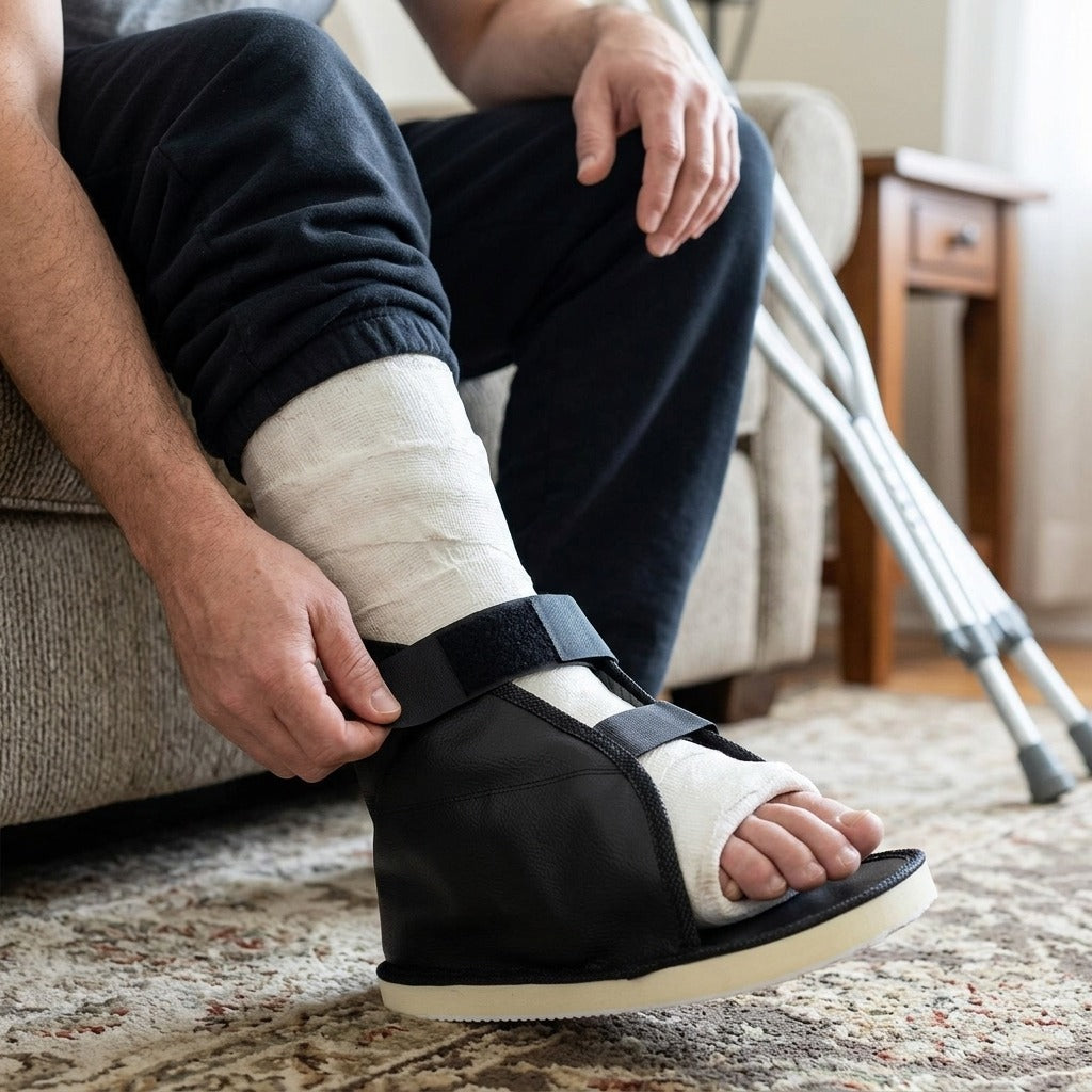 Adjustable Walking Cast Shoe for Foot Injuries - in use