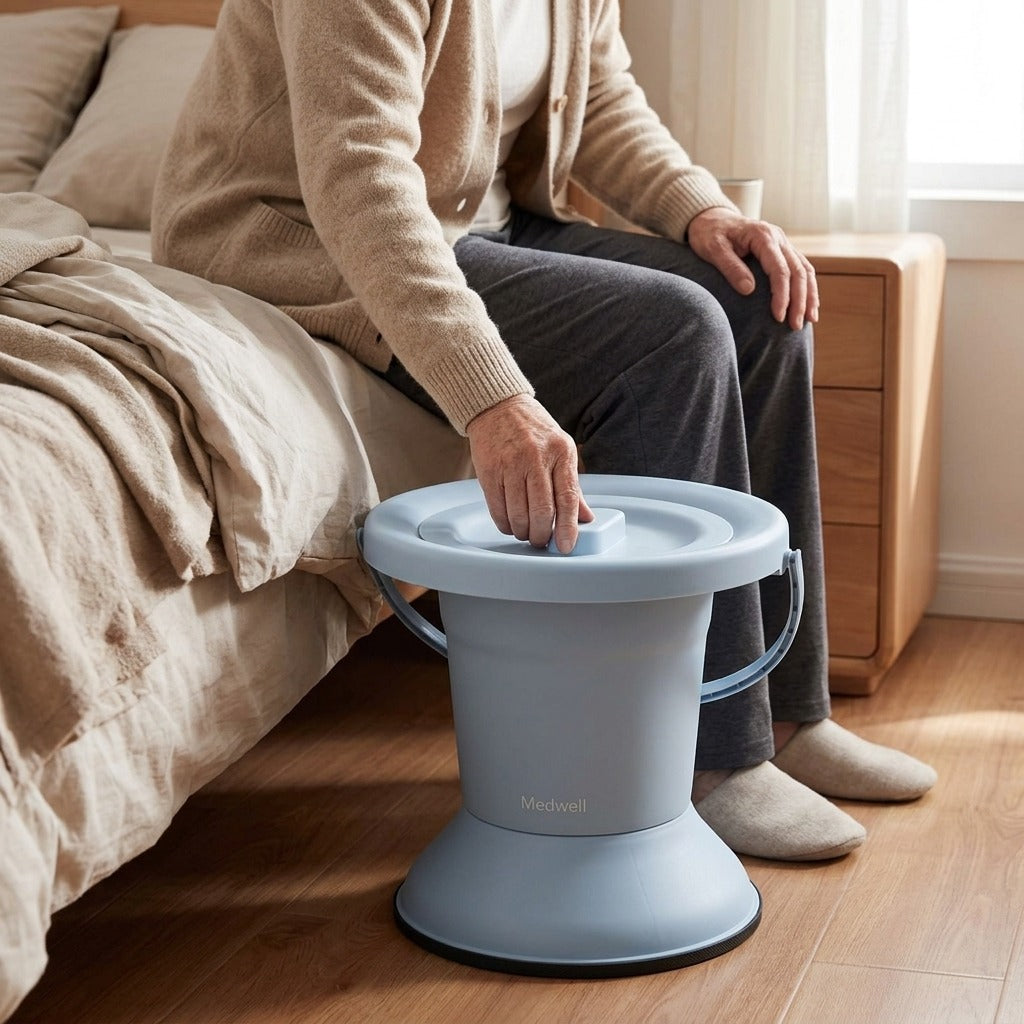 Adult Chamber Pot with Lid - in use