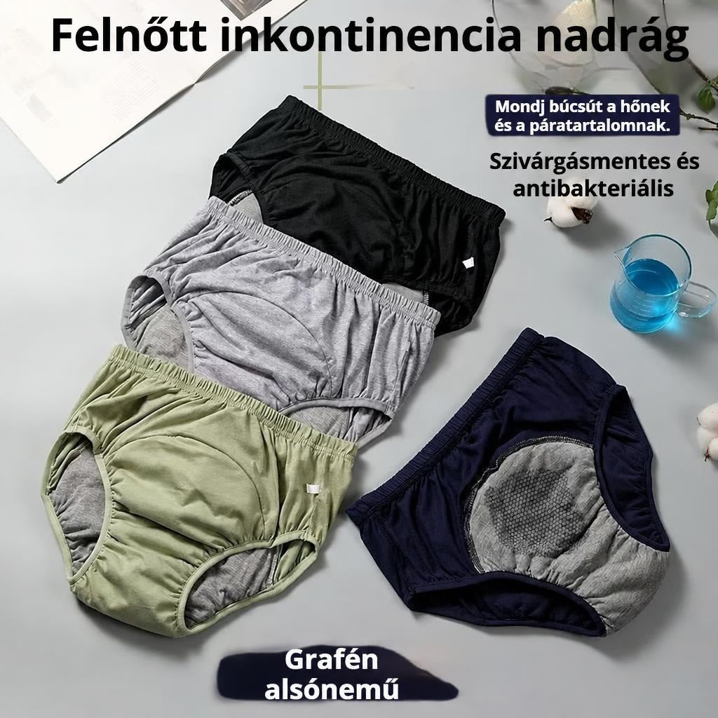Több színű felnőtt inkontinencia nadrág grafén betéttel és feliratokkal.