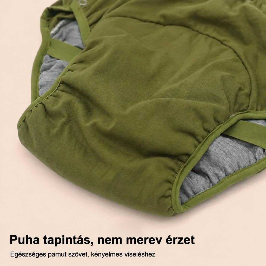 Zöld színű, puha pamutból készült kényelmes nadrág közeli képe.