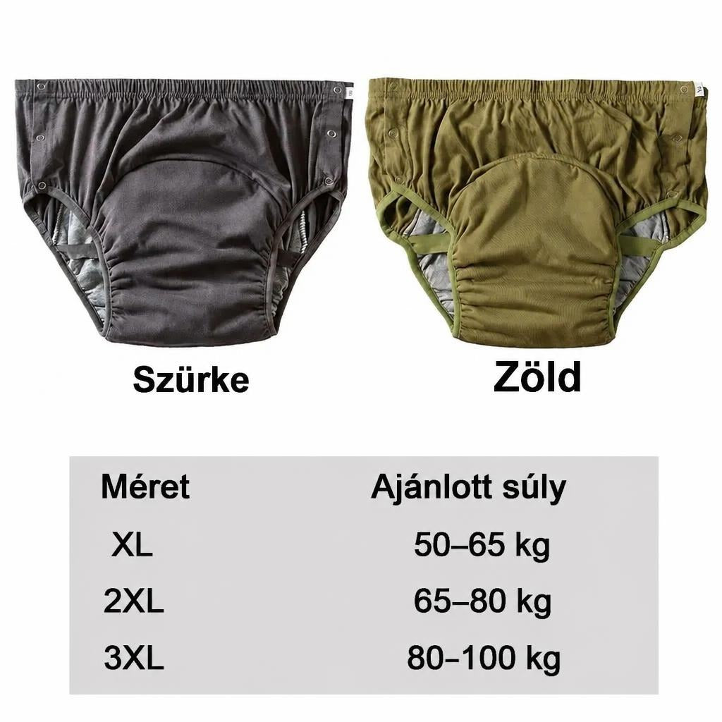 Szürke és zöld színű mosható felnőtt pelenkanadrág mérettáblázattal.