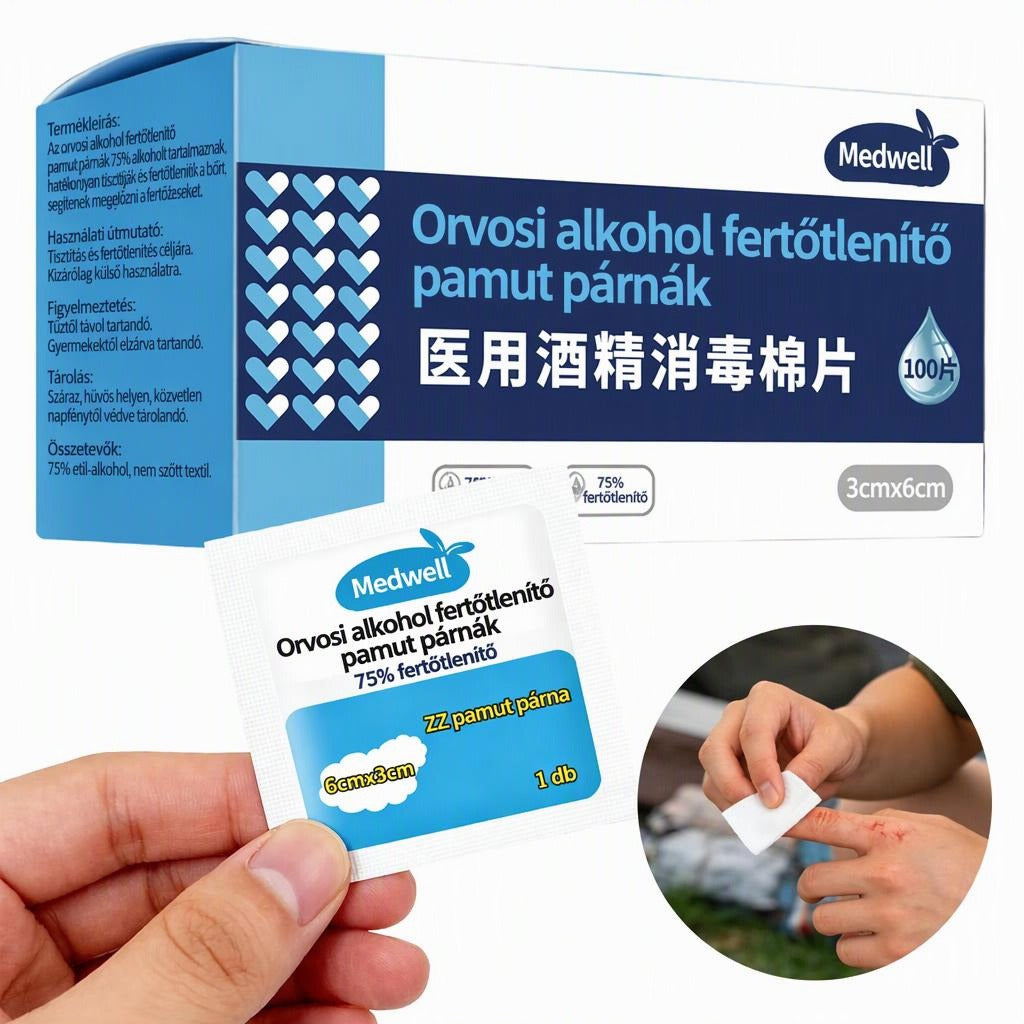 Medwell orvosi alkoholos fertőtlenítő pamut párnák doboza és egy darabos csomagolása.