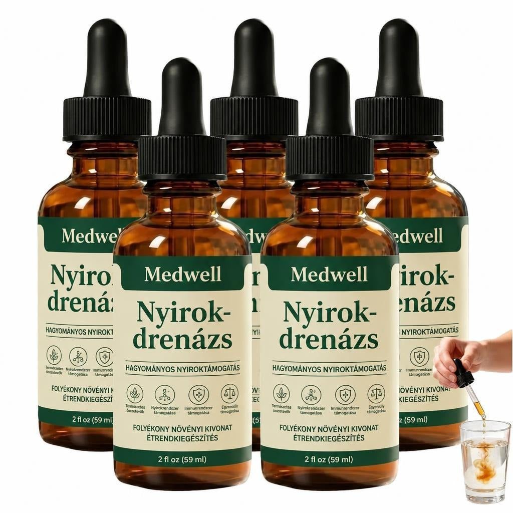 Öt üveg Medwell Nyirokdrénázs folyékony növényi kivonat csepegtetővel és egy pohár vízzel.