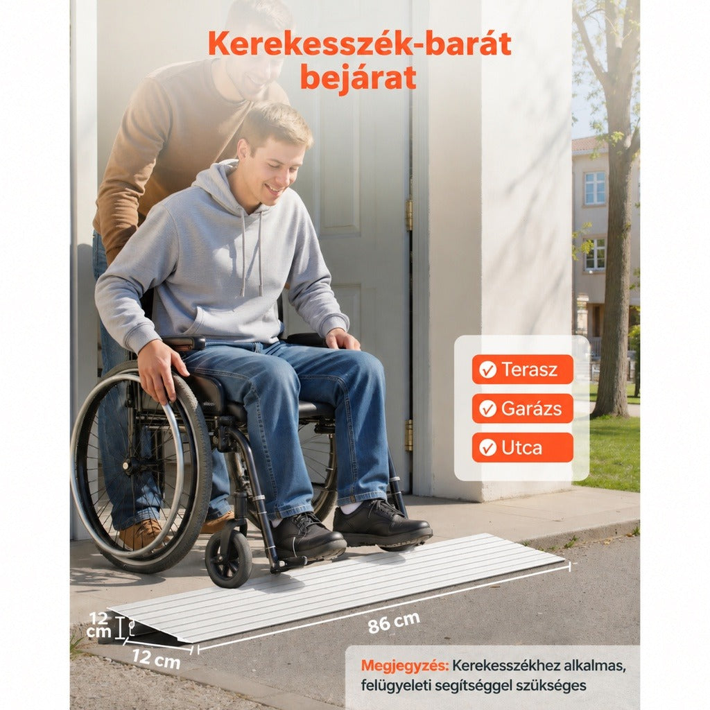 Kerekesszékes rámpa ház bejáratánál, méretekkel megjelölve.