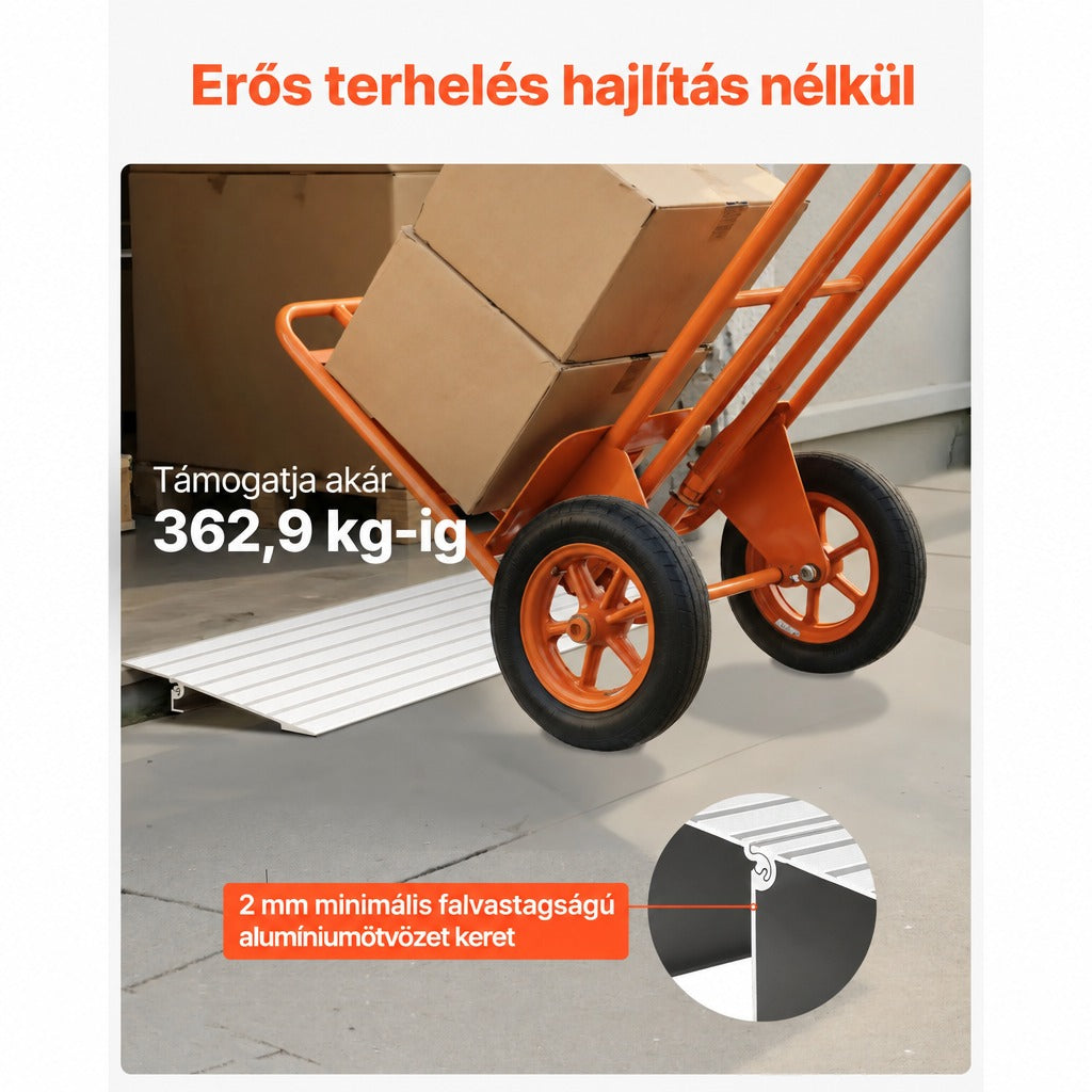 Megrakott molnárkocsi alumínium küszöbrámpán átgurulva, teherbírási és falvastagsági adatokkal.