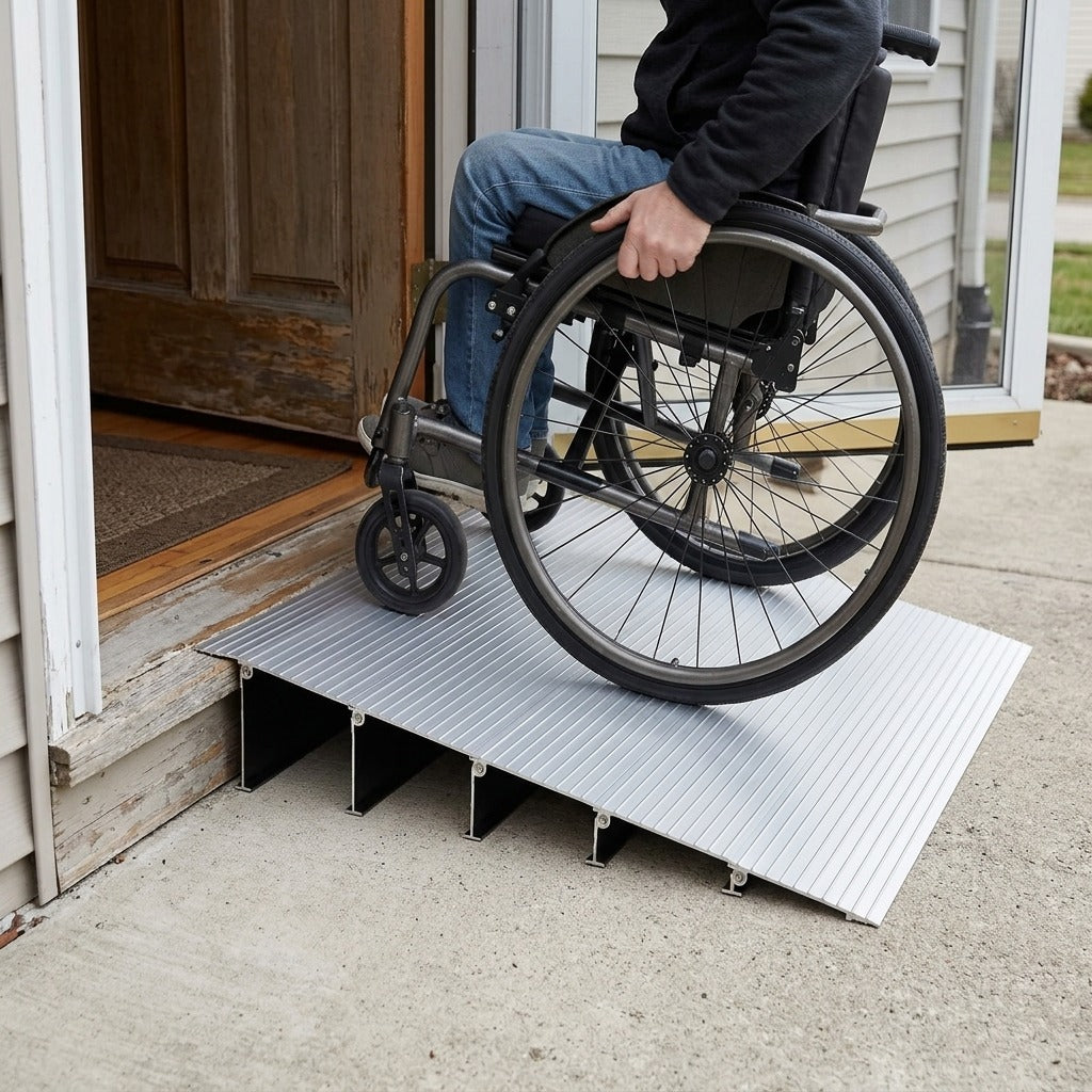 Aluminum Wheelchair Doorway Threshold Ramp - in use