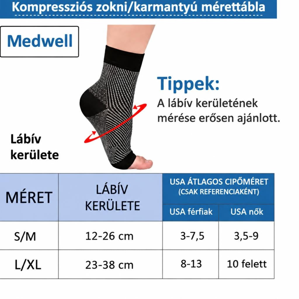 Kompressziós boka zokni mérettáblázata lábívkerület és USA cipőméretek alapján.