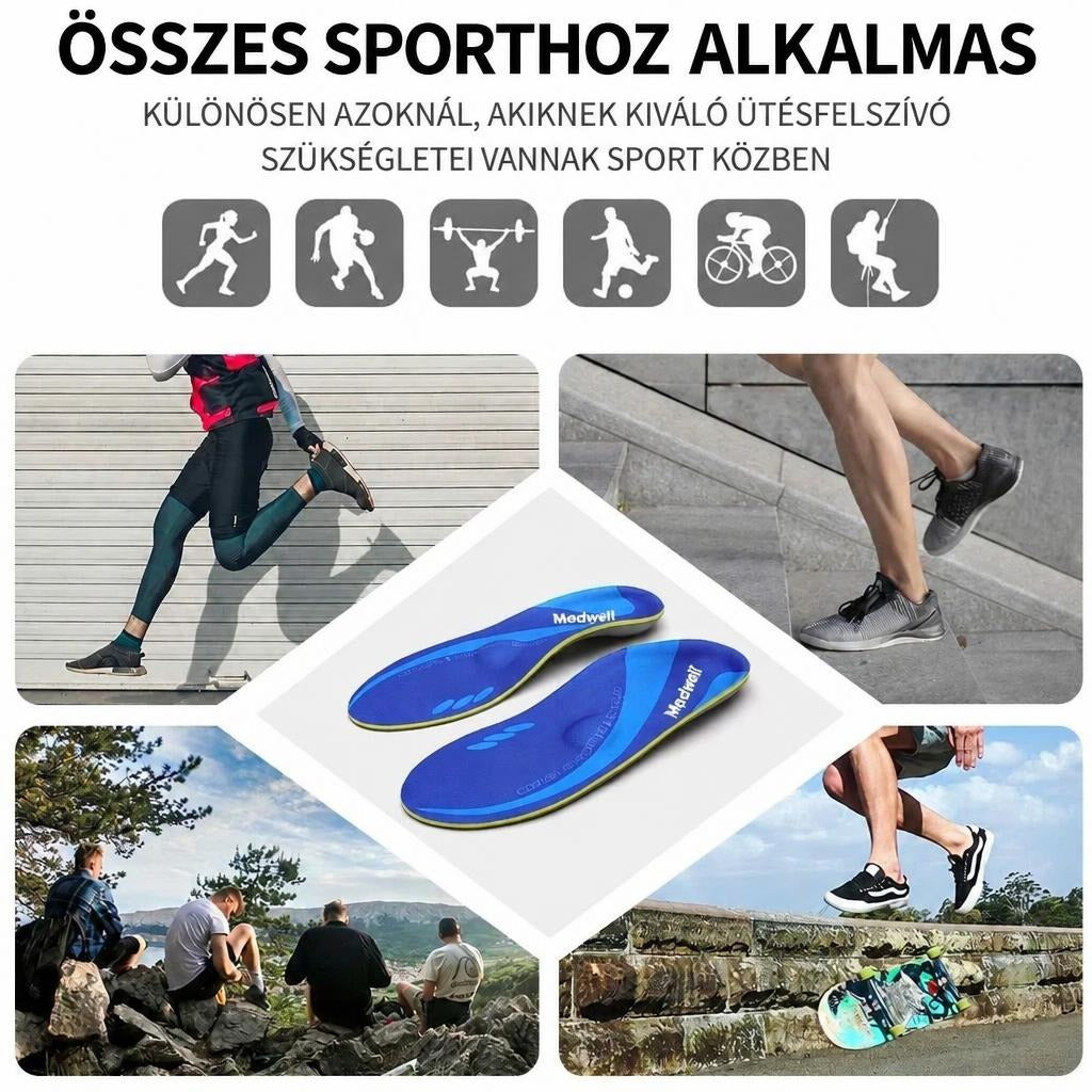 Kék sporttalpbetét különféle sporttevékenységek fotóival bemutatva.