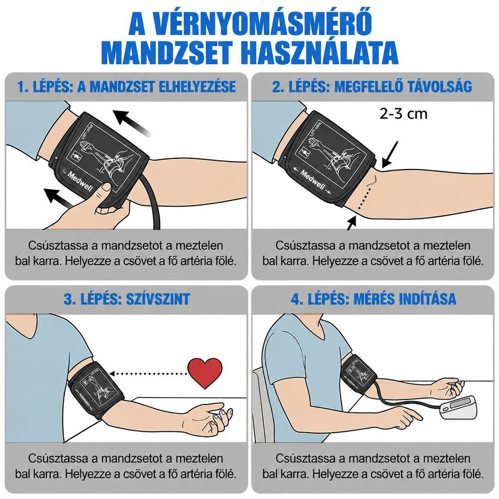 A vérnyomásmérő mandzsetta helyes felhelyezésének és használatának 4 lépése.