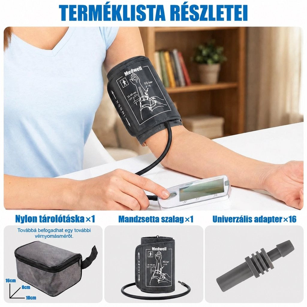 Vérnyomásmérő mandzsetta használat közben és a csomag tartalma: tárolótáska, mandzsetta és adapterek.