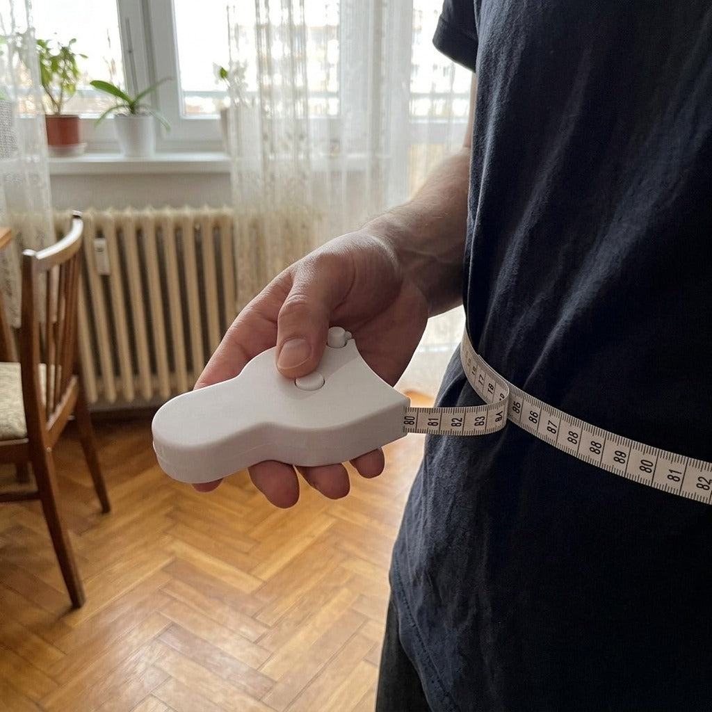 Automatikusan visszahúzható fehér centiméteres testmérő szalag - használat közben