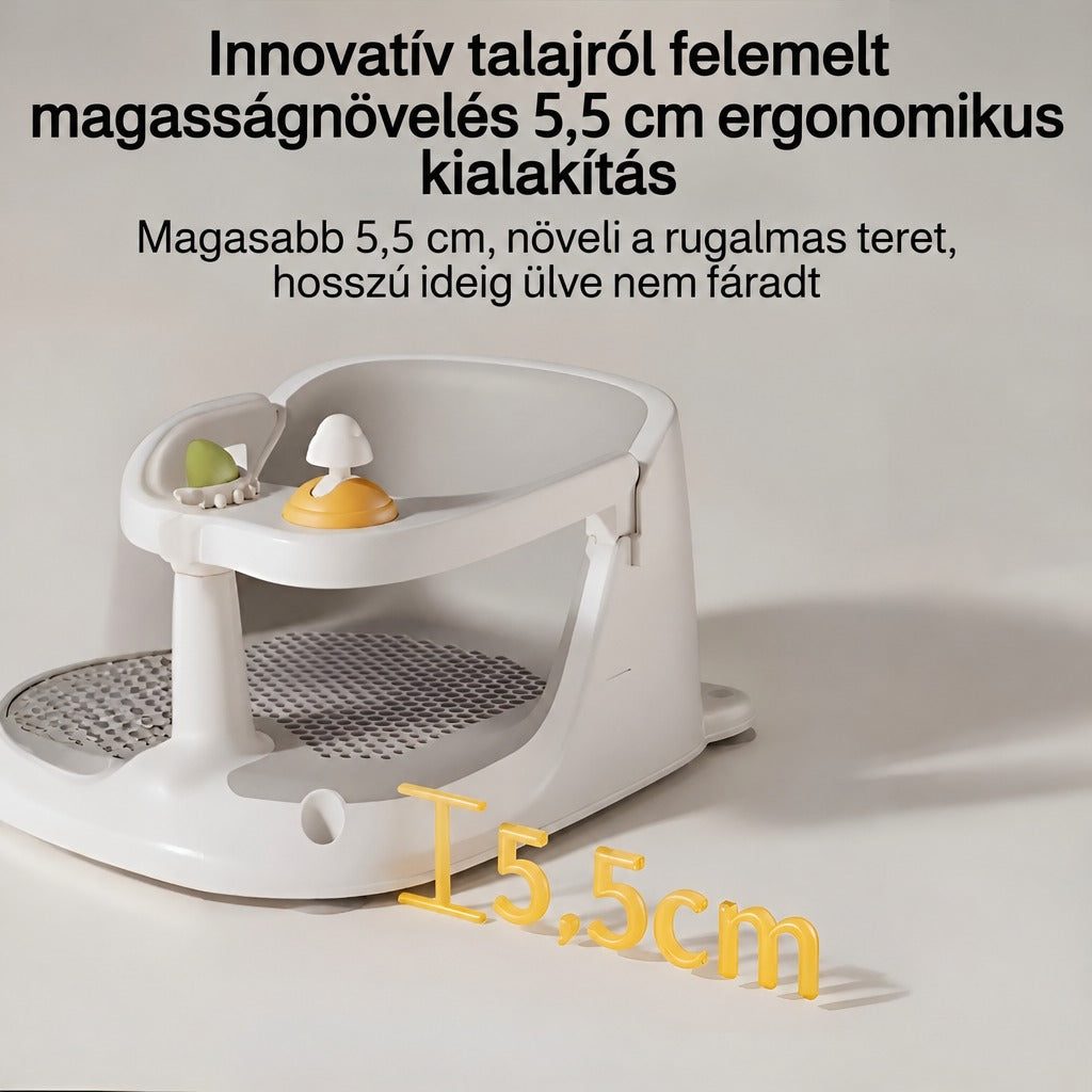 Fehér babafürdető szék 5,5 cm-es magasságnöveléssel és játékkal.
