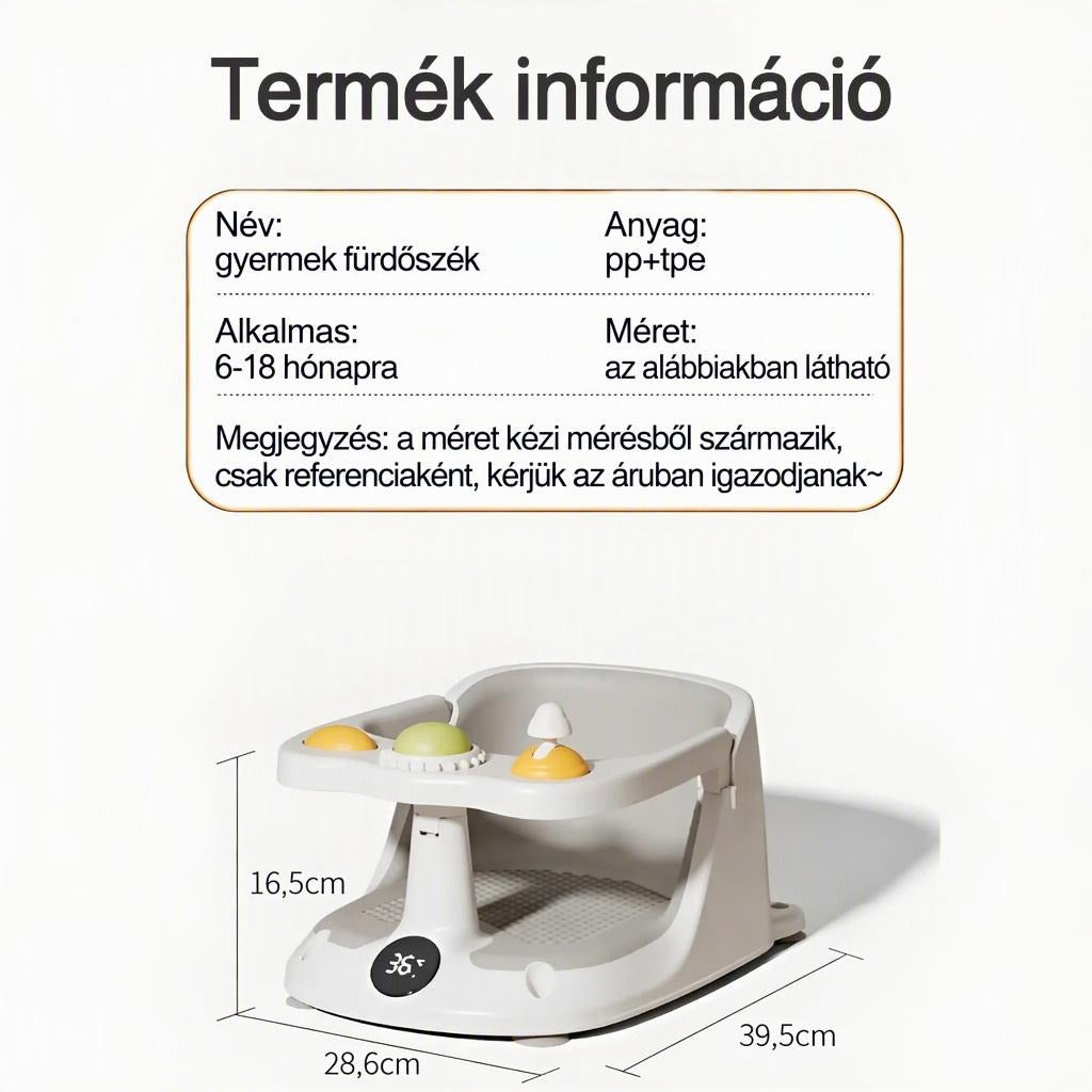 Gyermek fürdőszék termékinformációkkal és méretekkel ellátott termékfotója.