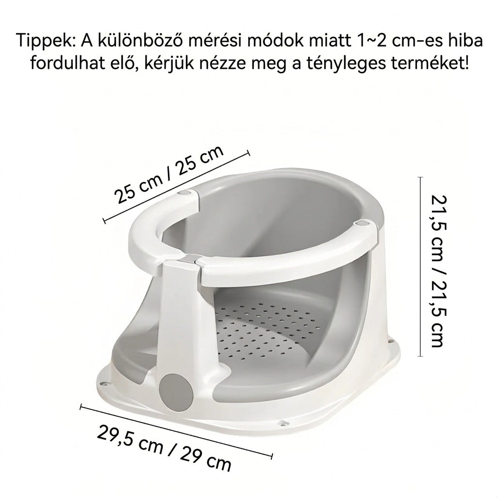 Szürke és fehér babafürdető ülőke méretei: 25 cm, 21,5 cm és 29,5 x 29 cm.