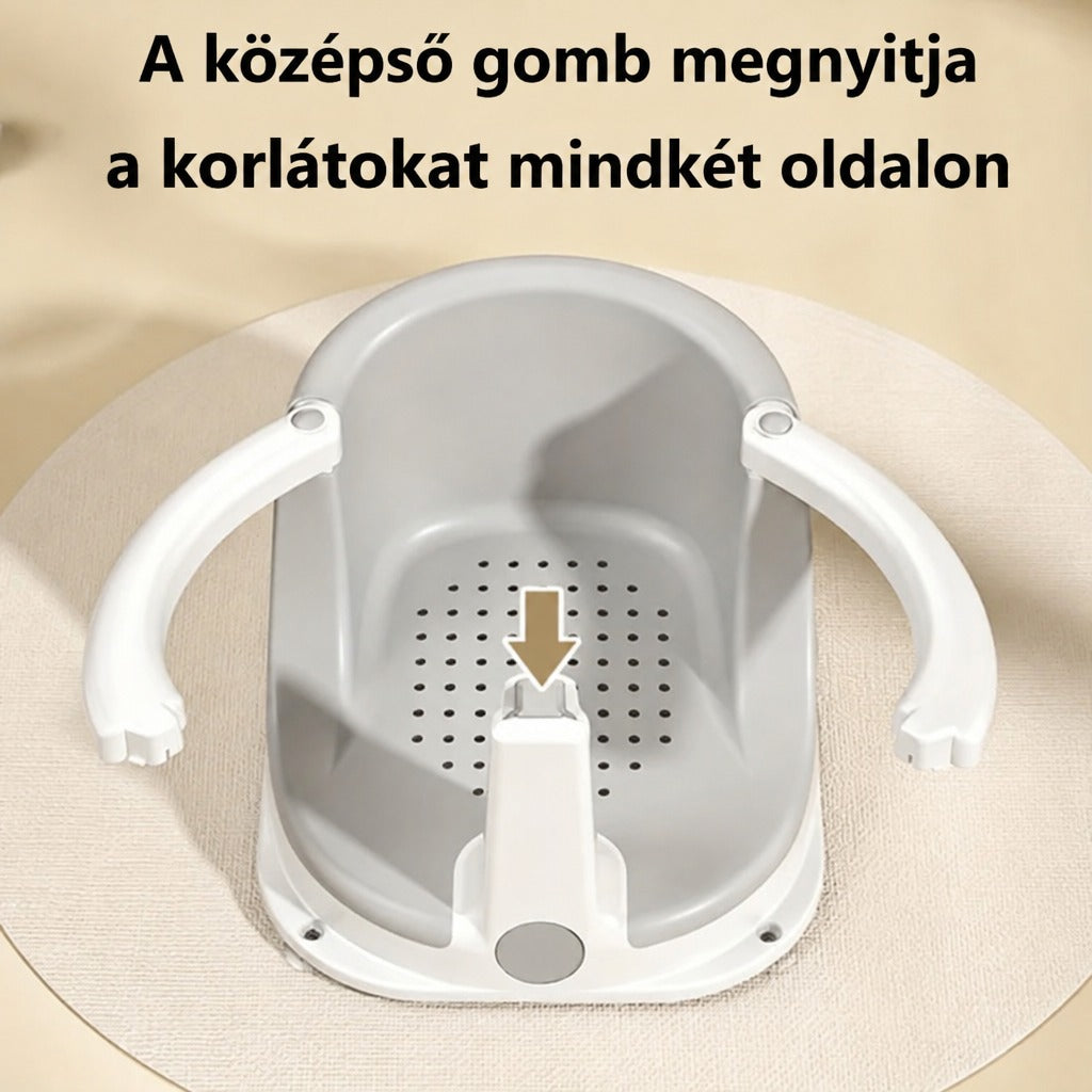 Babafürdető szék nyitható karfákkal és kioldógombbal.