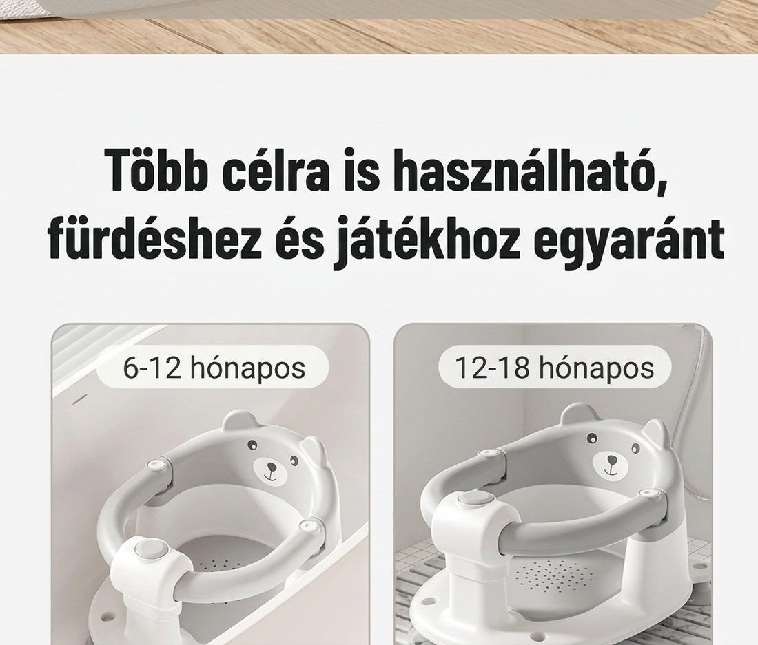 Többcélú babafürdető szék 6-12 és 12-18 hónapos babák számára.
