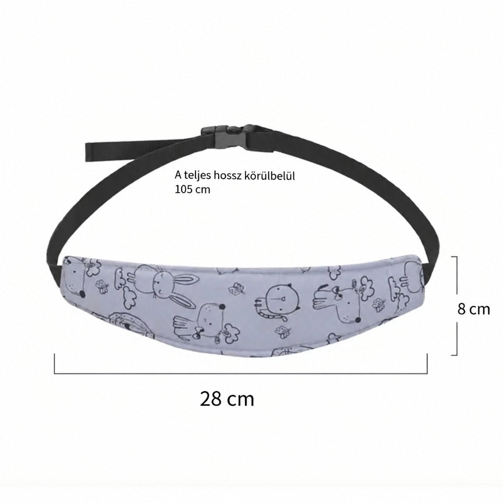 Autós fejtámasztó pánt méretei: 28 cm széles, 8 cm magas párna és körülbelül 105 cm teljes hossz.