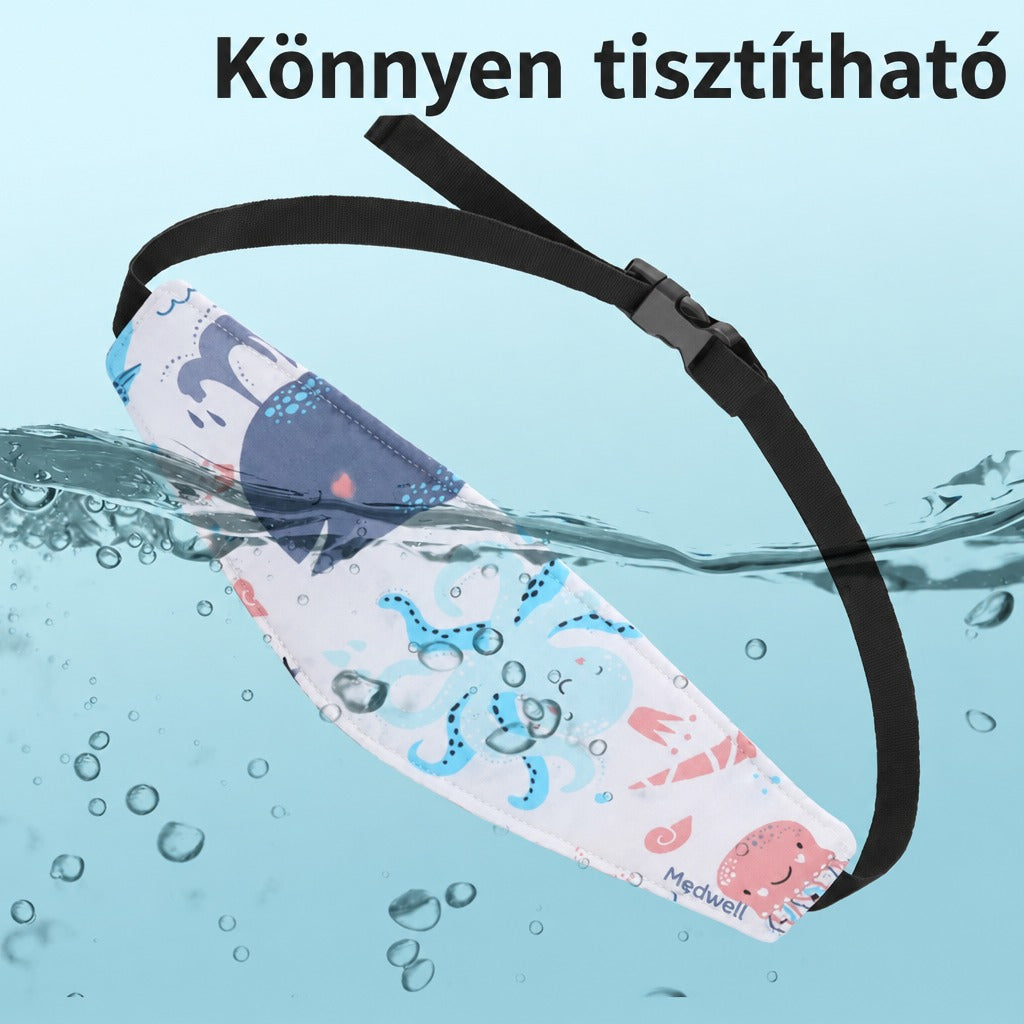 Vízbe merülő, tengeri állatos mintájú gyermek fejpánt állítható fekete pánttal.