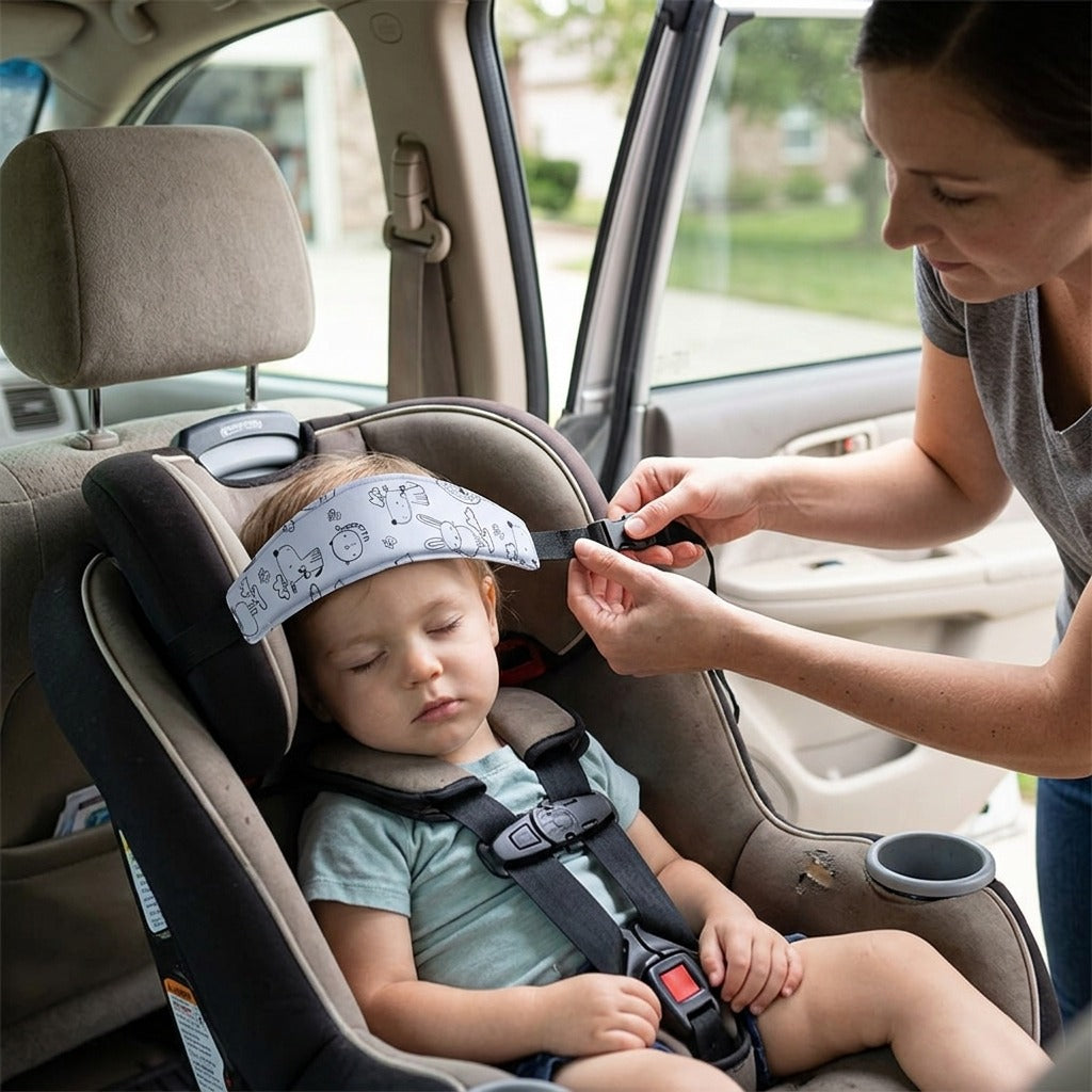 Baby Car Seat Head Support with Fastening Belt - in use
