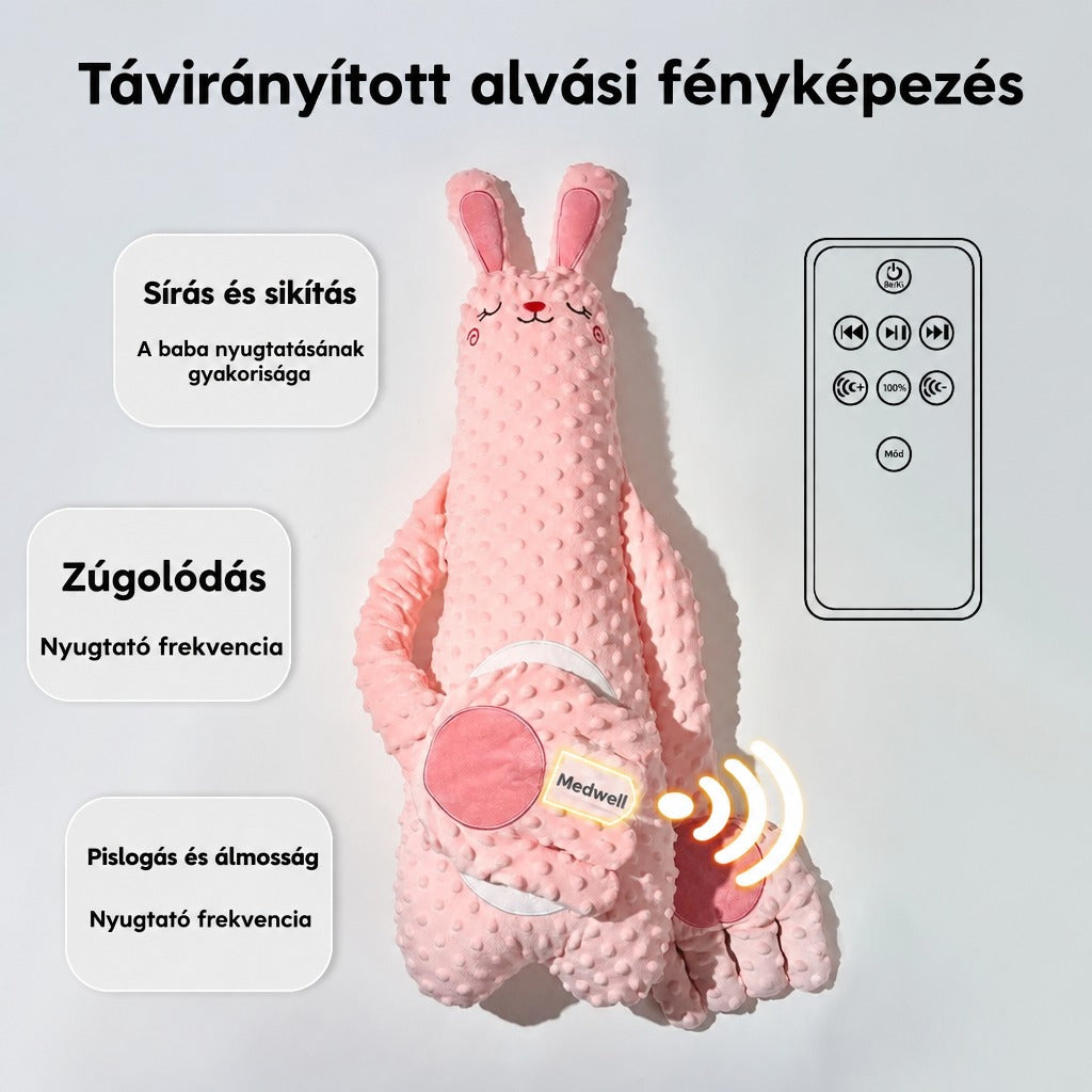 Rózsaszín nyuszis alvást segítő babapárna távirányítóval és a nyugtató funkciók leírásával.