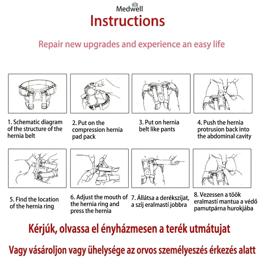 Utasítások a sérvöv felhelyezéséhez nyolc lépésben diagramokkal