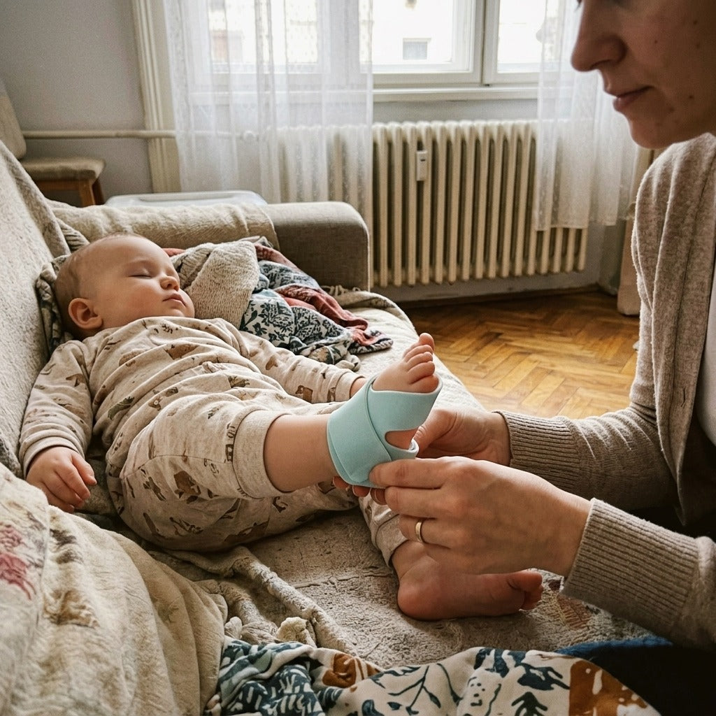 Medwell viselhető lábfejes pulzoximéter gyermekeknek - használat közben