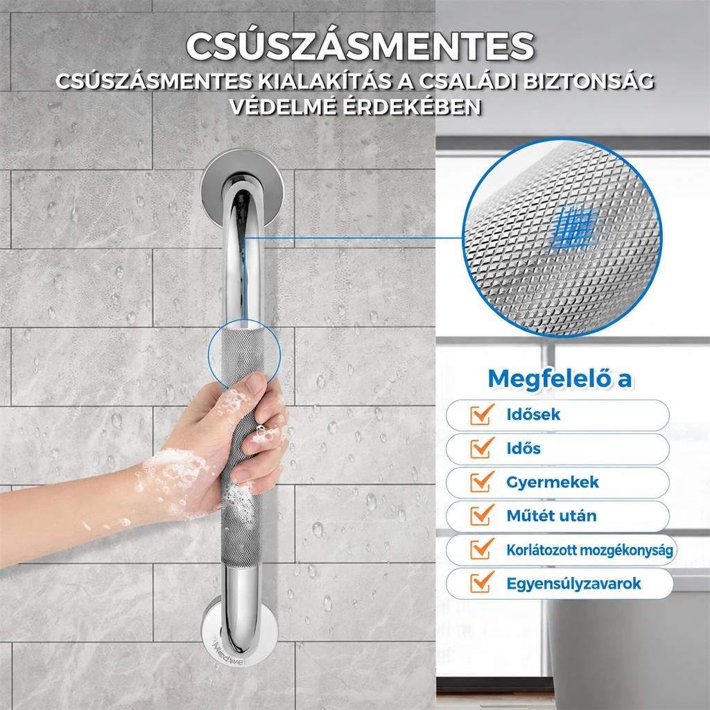 Csúszásmentes kapaszkodó zuhanyzóba felületi mintázattal és felhasználási területekkel.